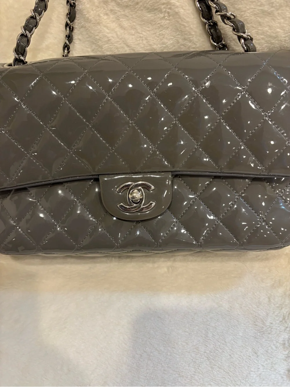 CHANEL Quilted Patent Leather Shoulder Bag in Gray